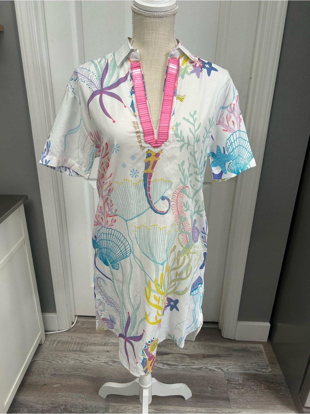 White Seashell-Print Midi Dress with Pink Trim